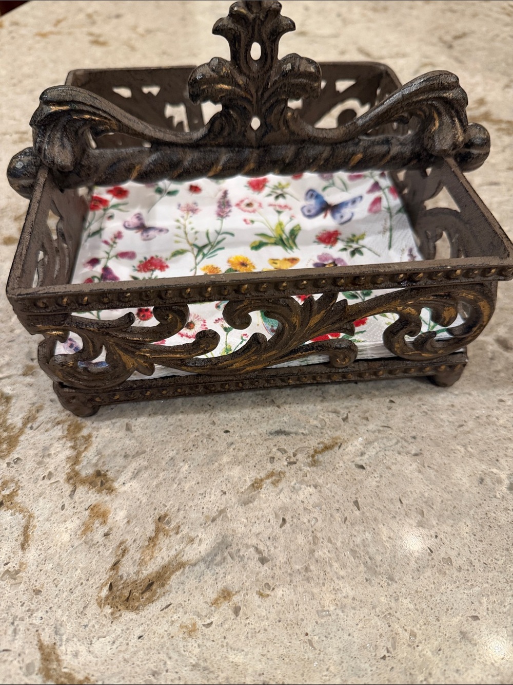 Ornate Metal Vanity Napkin Tray in Brown